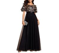 Ever-Pretty Abiti da Sera Stile Impero Maniche Corte Linea ad A Elegante Scollo a Rotondo Donna Tulle Oro Nero 36