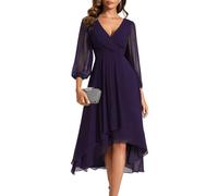 Ever-Pretty Abito Cerimonia Donna 3/4 Manica A-Line Vestito da Sera Scollo A V Viola Scuro 50