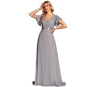Ever-Pretty Abito Cerimonia Donna a V Linea ad A Elegante Abito da Sera Classico con Maniche a Volant Grigio 46