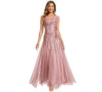 Ever-Pretty Abito Cerimonia Donna Collo a V Maniche Corte Paillente Maxi Gonna Svasata Dusty Rose 46