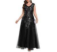 Ever-Pretty Abito Cerimonia Donna Collo a V Senzamaniche Paillente Maxi Gonna Svasata Nero 42