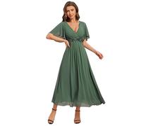 Ever-Pretty Abito Cerimonia Donna Elegante Applique Maniche a Volant Collo a V Stile Impero Chiffon Verde eucalipto 50