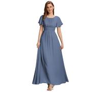 Ever-Pretty Abito Cerimonia Donna Eleganti Lungo a Maniche Corta Abito Damigella d'Onore in Chiffon Vestito Donna Elegante Denim Blu 38