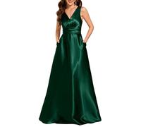 Ever-Pretty Abito Cerimonia Donna Eleganti Lungo Raso Senza Maniche Abito Damigella d'Onore Vestito Elegante Scollo a V Verde Scuro 46
