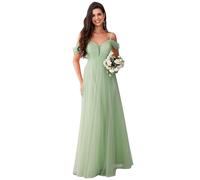 Ever-Pretty Abito Cerimonia Donna Lunghi Elegante Tulle a Maniche Corta Abito da Sera Scollo a V Vestito Damigialle Menta Verde 42