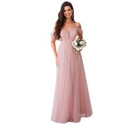 Ever-Pretty Abito Cerimonia Donna Lunghi Elegante Tulle a Maniche Corta Abito da Sera Scollo a V Vestito Damigialle Rosa 42