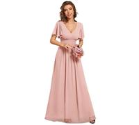 Ever-Pretty Abito Cerimonia Donna Lungo Donna Maniche Corte Vestito Elegante Scollo a V Elegante Abiti da Sera Rosa 48