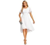 Ever-Pretty Abito Cerimonia Donna Maniche a Volant Chiffon Pieghe al Ginocchio Abito da Sera Elegante Bianco 38