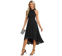 Ever-Pretty Abito Cerimonia Donna Spalle Scoperte Pieghe High Low Senza Maniche Chiffon al Ginocchio Abito da Ospite Orlo Irregolare Comodo Nero 50