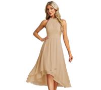 Ever-Pretty Abito Cerimonia Donna Spalle Scoperte Pieghe High Low Senza Maniche Chiffon al Ginocchio Abito da Ospite Orlo Irregolare Comodo Champagne 50