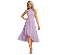 Ever-Pretty Abito Cerimonia Donna Spalle Scoperte Pieghe High Low Senza Maniche Chiffon al Ginocchio Abito da Ospite Orlo Irregolare Comodo Lillà 50