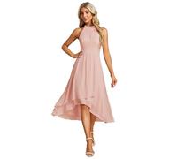 Ever-Pretty Abito Cerimonia Donna Spalle Scoperte Pieghe High Low Senza Maniche Chiffon al Ginocchio Abito da Ospite Orlo Irregolare Comodo Rosa 50
