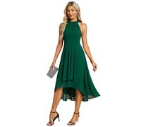 Ever-Pretty Abito Cerimonia Donna Spalle Scoperte Pieghe High Low Senza Maniche Chiffon al Ginocchio Abito da Ospite Orlo Irregolare Comodo Verde Scuro 38