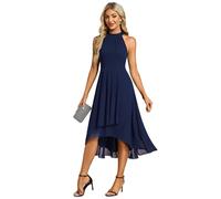 Ever-Pretty Abito Cerimonia Donna Spalle Scoperte Pieghe High Low Senza Maniche Chiffon al Ginocchio Abito da Ospite Orlo Irregolare Comodo Blu Navy 50