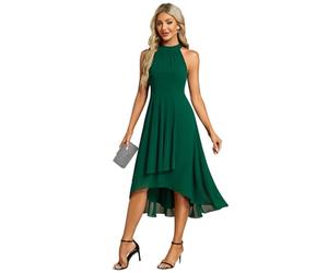 Ever-Pretty Abito Cerimonia Donna Spalle Scoperte Pieghe High Low Senza Maniche Chiffon al Ginocchio Abito da Ospite Orlo Irregolare Comodo Verde Scuro 50