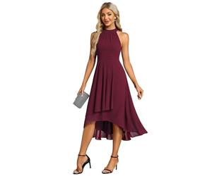 Ever-Pretty Abito Cerimonia Donna Spalle Scoperte Pieghe High Low Senza Maniche Chiffon al Ginocchio Abito da Ospite Orlo Irregolare Comodo Borgogna 50