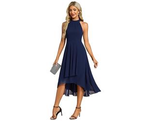 Ever-Pretty Abito Cerimonia Donna Spalle Scoperte Pieghe High Low Senza Maniche Chiffon al Ginocchio Abito da Ospite Orlo Irregolare Comodo Blu Navy 50