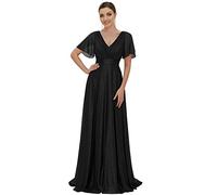 Ever-Pretty Abito da Ballo Maniche Corte con Volantes Scollo a V Stile Impero Linea ad A Lunghezza del Piano da Donna Nero 40