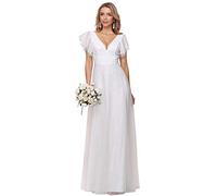 Ever-Pretty Abito da Cerimonia Donna Linea ad A Pizzo Tulle Scollo a V Maniche Corte Lungo Bianco 40