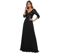 Ever-Pretty Abito da Cerimonia Elegante Manica 3/4 Scollo a V con Paillettes Linea A Chiffon Stile Impero Chiffion Abito da Sera Nero 52