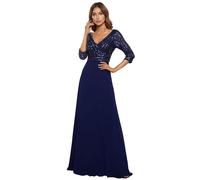 Ever-Pretty Abito da Cerimonia Elegante Manica Lunga Scollo a V con Paillettes Linea ad A Chiffon Donna Blu Navy 36