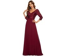 Ever-Pretty Abito da Cerimonia Elegante Manica Lunga Scollo a V con Paillettes Linea ad A Chiffon Donna Borgogna 36