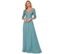 Ever-Pretty Abito da Cerimonia Elegante Manica Lunga Scollo a V con Paillettes Linea ad A Chiffon Donna Blu Polveroso 42