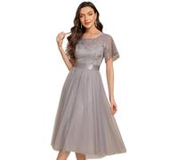 Ever-Pretty Abito da Cerimonia in Tulle con Ricami Floreali e Maniche a Farfalla Vestito da Sera Midi per Feste e Matrimoni Grigio 52