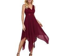 Ever-Pretty Abito da Cocktail Senza Maniche con Scollo a V Stile Impero Linea ad A in Pizzo Chiffon al Ginocchio con Orlo Asimmetrico da Donna Borgogna 50