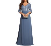 Ever-Pretty Abito da Damigella Paillettes Scollo a V Linea A Chiffon Stile Impero Vestito Lungo Donna Elegante Denim Blu 42