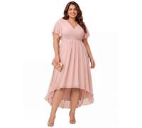 Ever-Pretty - Abito da Donna in Chiffon Primavera, Scollo a V, Taglia Forte, Formale, per Ospiti di Nozze, a Maniche Corte, Abiti da Cocktail per Donne Curvy, Rosa, 48