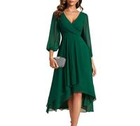 Ever-Pretty Abito da Donna per Invitati al Matrimonio Vita Impero Linea ad A Scollo a V Maniche Lunghe Verde Scuro 46
