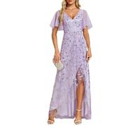 Ever-Pretty Abito da Ospite di Nozze Asimmetrico Scollo a V Linea A Paillettes Foglia Stile Impero Abito Elegante Donna Cerimonia Lavanda 50