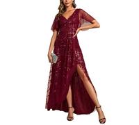 Ever-Pretty Abito da Ospite di Nozze Asimmetrico Scollo a V Linea A Paillettes Foglia Stile Impero Abito Elegante Donna Cerimonia Borgogna 50