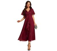 Ever-Pretty Abito da Ospite di Nozze Donna Maniche Volant con Scollo a V Linea A Stile Impero Vestito da Damigella d'Onore Lucido Classico Borgogna 50