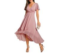 Ever-Pretty Abito da Ospite Scollo A V Maniche A Volant Gonna A Trapezio Abiti Cerimonia Donna Eleganti Dusty Rose 48