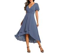 Ever-Pretty Abito da Ospite Scollo A V Maniche A Volant Gonna A Trapezio Abiti Cerimonia Donna Eleganti Denim Blu 48