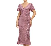 Ever-Pretty Abito da Sera con Paillettes Elegante Scollo a V Cerimonia Taglie Forti Manica Corta Midi Estivo Orchidea 46