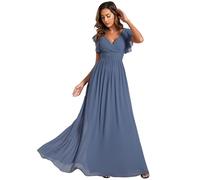 Ever-Pretty Abito da Sera Donna con Volant a Maniche Corte Scollo V Chiffon Pieghe Abiti da Damigella d'Onore Elegante Denim Blu 46