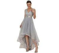 Ever-Pretty Abito da Sera Donna Corto Davanti Lungo Dietro Linea ad A Stile Impero Petto Basso Scollo a V Tulle A Bustier Vestiti da Cerimonia Argento 52EU