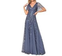 Ever-Pretty Abito da Sera Linea ad A Scollo a V per Cerimonia Sera Damigella Lungo con Paillettes Donna Denim Blu 40