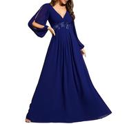 Ever-Pretty Abito da Sera Manica Lunga A-Line Scollo A V Abito Cerimonia Donna Dark Blue 46