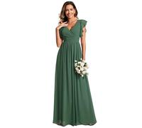 Ever-Pretty Abito Donna Sera con Schiena Scoperta Maniche Arricciati Chiffon Scollo a V Pieghe Abiti da Damigella d'Onore Elegante Verde 52