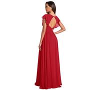 Ever-Pretty Abito Donna Sera con Schiena Scoperta Maniche Arricciati Chiffon Scollo a V Pieghe Abiti da Damigella d'Onore Elegante Rosso 36