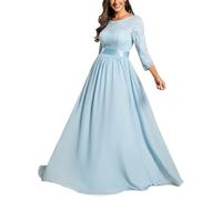 Ever-Pretty Abito Lungo da Damigella d'Onore Chiffon di Pizzo Maniche A 3/4 Vita Impero Girocollo Cielo Blu 46