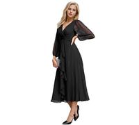 Ever-Pretty Abito per Ospiti di Matrimonio con Scollo a V Aline Manica Lunga Elegante Abito da Donna Nero 44