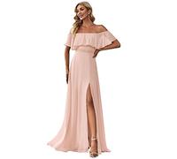 Ever-Pretty Dalla Spalla Abito da Damigella Linea ad A Chiffon con Aberturas Lungo Rosa 44