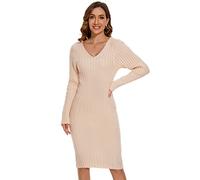 Ever-Pretty Maglione Donna Invernale Alta Elasticità al Ginocchio Sirenetta Scollo a V Magra Abito Maglione Beige S