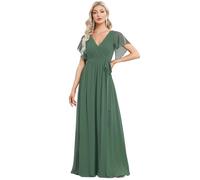 Ever-Pretty Maxi Scollo a V Increspato Busto Chiffon Abito da Sera Formale con Maniche Abito da Ospite Verde eucalipto 40