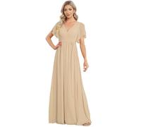 Ever-Pretty Maxi Scollo a V Increspato Busto Chiffon Abito da Sera Formale con Maniche Abito da Ospite Champagne 48
